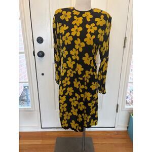 Vintage Luxury 100 percent Silk Geoffrey Beene Black Yellow Floral Dress Size 8